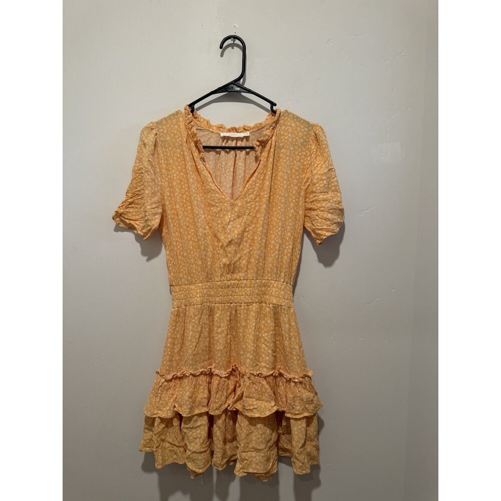 Lush Yellow Floral Print Mini Dress Smocked Waist  Ruffled Hem S